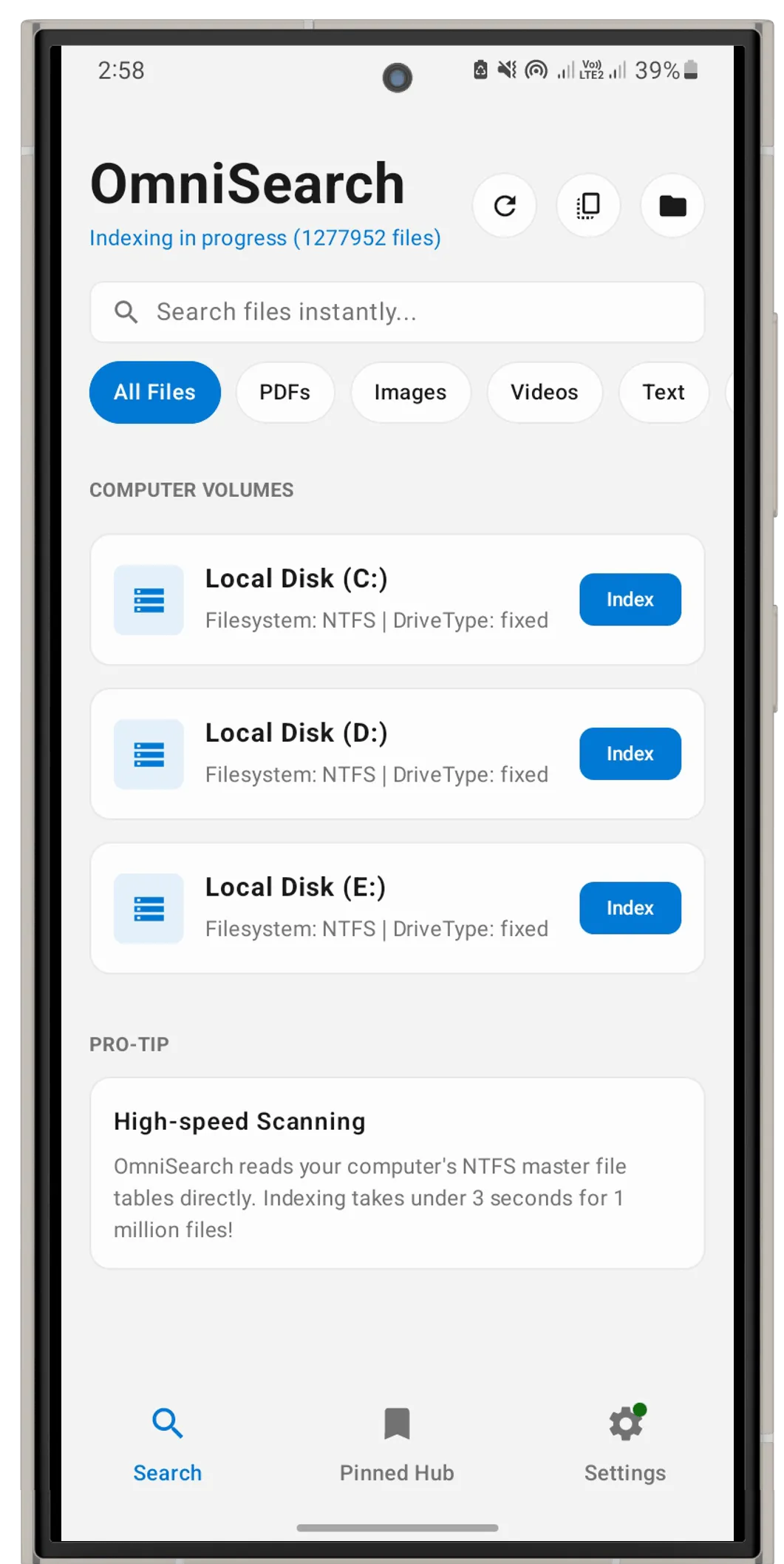 OmniSearch Android 端远程搜索界面,展示在手机上搜索电脑文件
