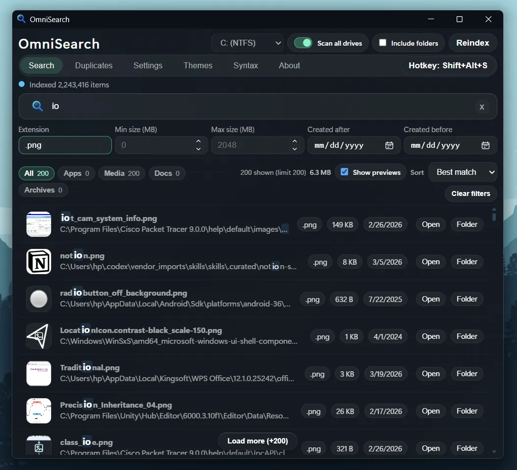 OmniSearch 主界面,展示搜索栏、筛选面板和文件结果列表
