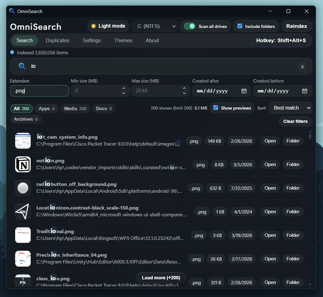 OmniSearch 搜索结果界面,展示筛选面板和各种文件类型的结果
